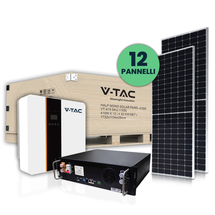 Kit fotovoltaico 5kw con batteria di accumulo lifepo4 5 kwh e inverter monofase ibrido con accessori inclusi e 12 pannelli solari fotovoltaici monocristallini 410w