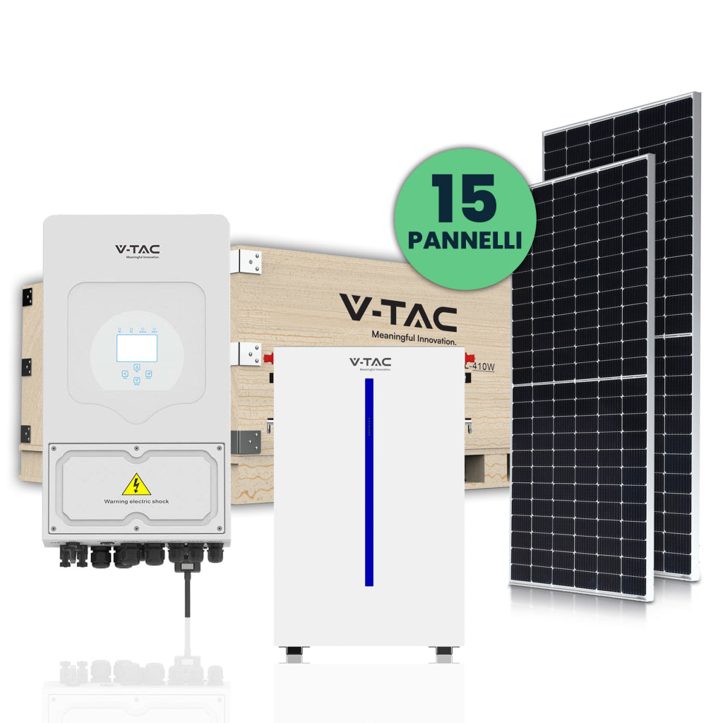 Kit fotovoltaico 6kw con batteria di accumulo 6.14 kwh e inverter monofase ibrido e 15 pannelli solari fotovoltaici 410w