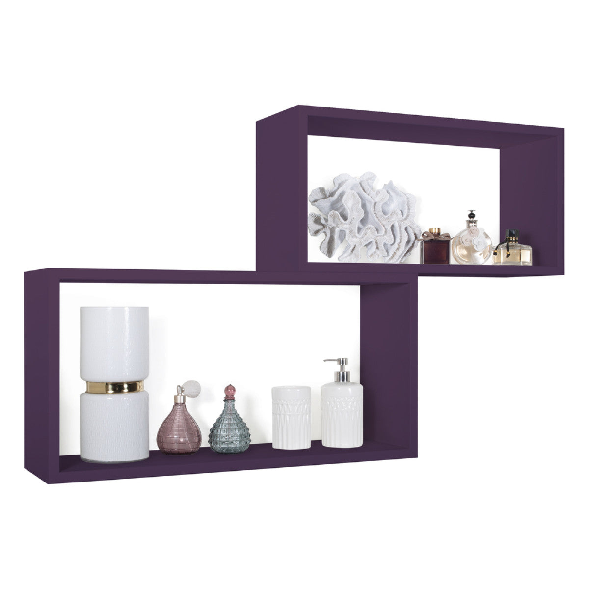 Set di 2 Mensole da Muro Modello BISLUNGO, Pensile Bagno, Mensola da Parete, Scaffale da Parete. Misure 70x35 p20 cm e 60x30 p20 cm. Finitura  VIOLA MELANZANA - MADE IN ITALY