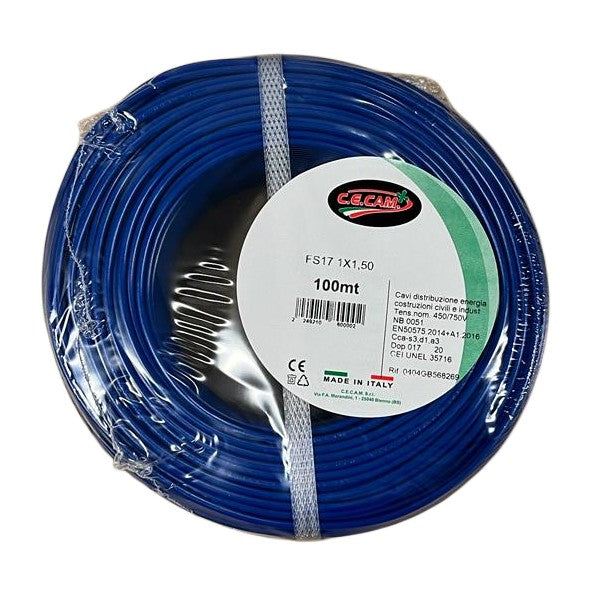 100mt Cavo Elettrico FS17 450/750V Unipolare 1X1.5mm Colore Blu Made In Italy