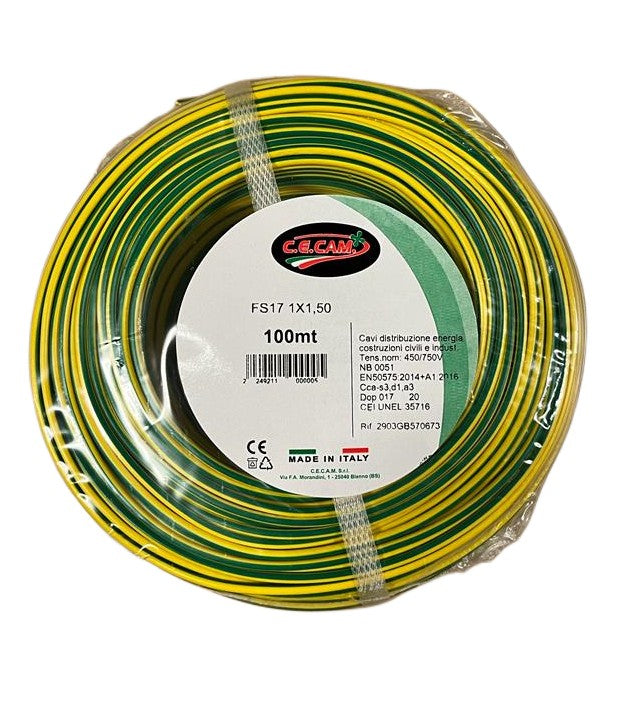 100mt Cavo Elettrico FS17 450/750V Unipolare 1X1.5mm Colore Giallo Verde Made In Italy