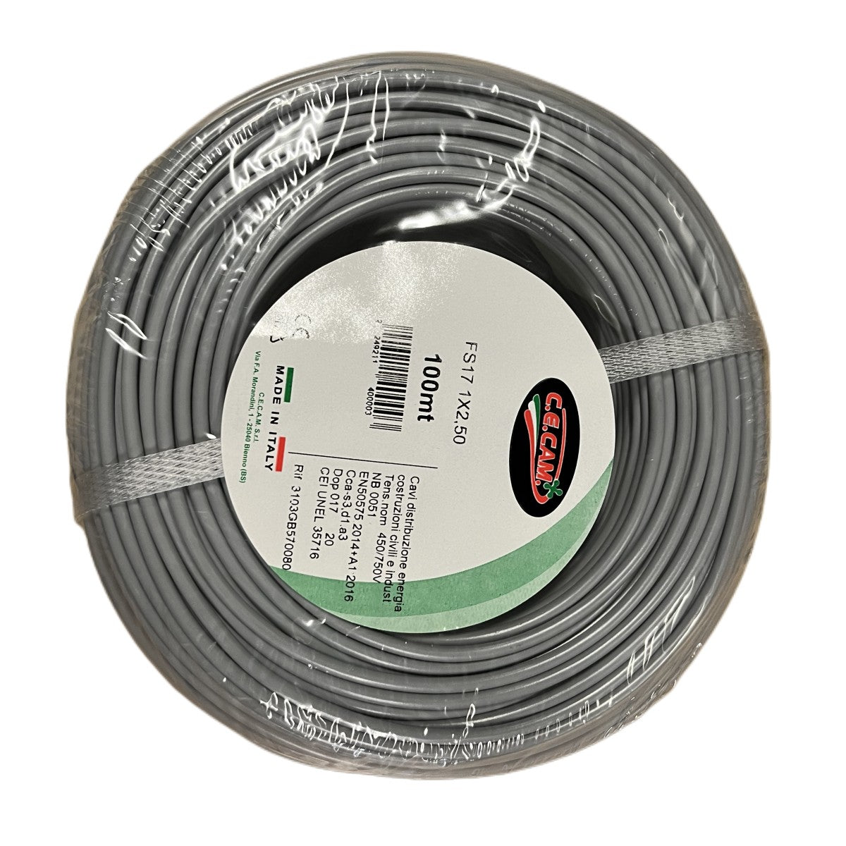 100mt Cavo Elettrico FS17 450/750V Unipolare 1X2.5mm Colore Grigio Made In Italy