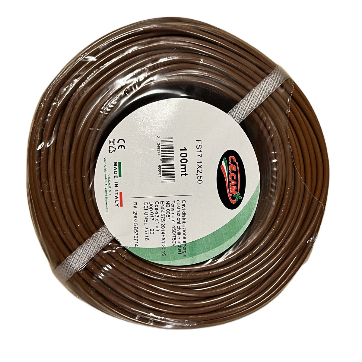 100mt Cavo Elettrico FS17 450/750V Unipolare 1X2.5mm Colore Marrone Made In Italy