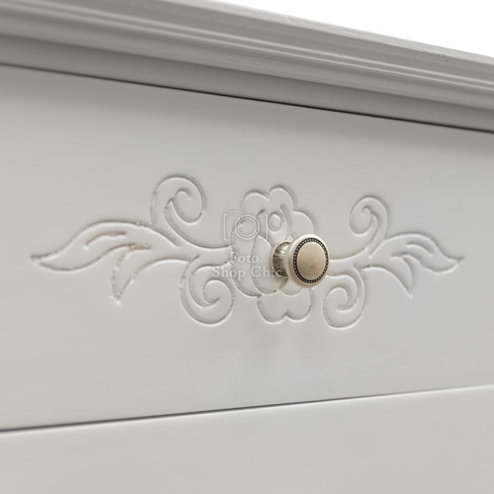 Cassettiera bianco opaco shabby chic con intarsio