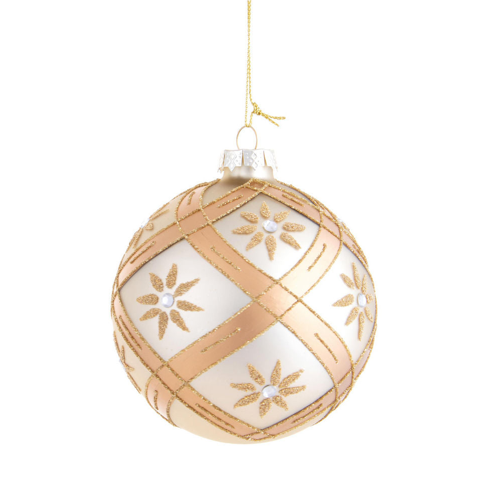 Palline di Natale in Vetro Bianche con Fiori e Diamanti Oro 10 cm 4 pz