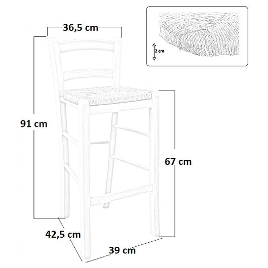 Sgabello snek in legno con seduta in paglia h 67 cm in noce scuro