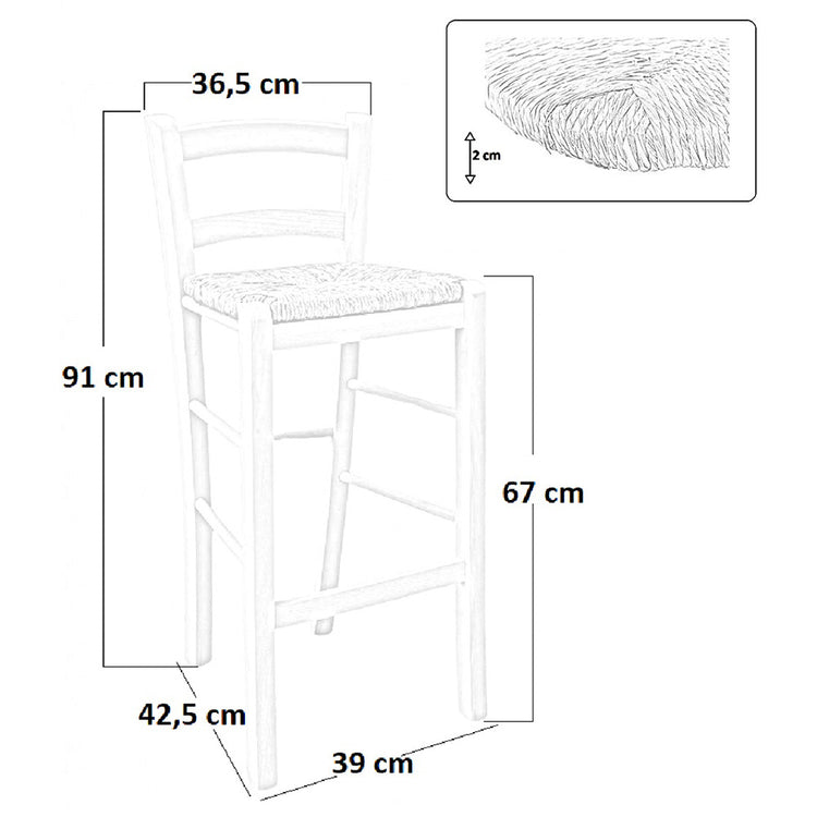 Sgabello snek in legno con seduta in paglia h 67 cm in noce scuro