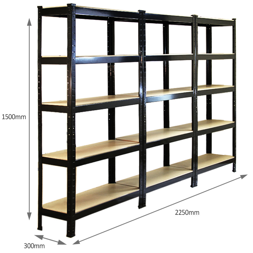 3 Scaffali in Acciaio Senza Bulloni T-Rax Neri Larghi 75cm per Garage