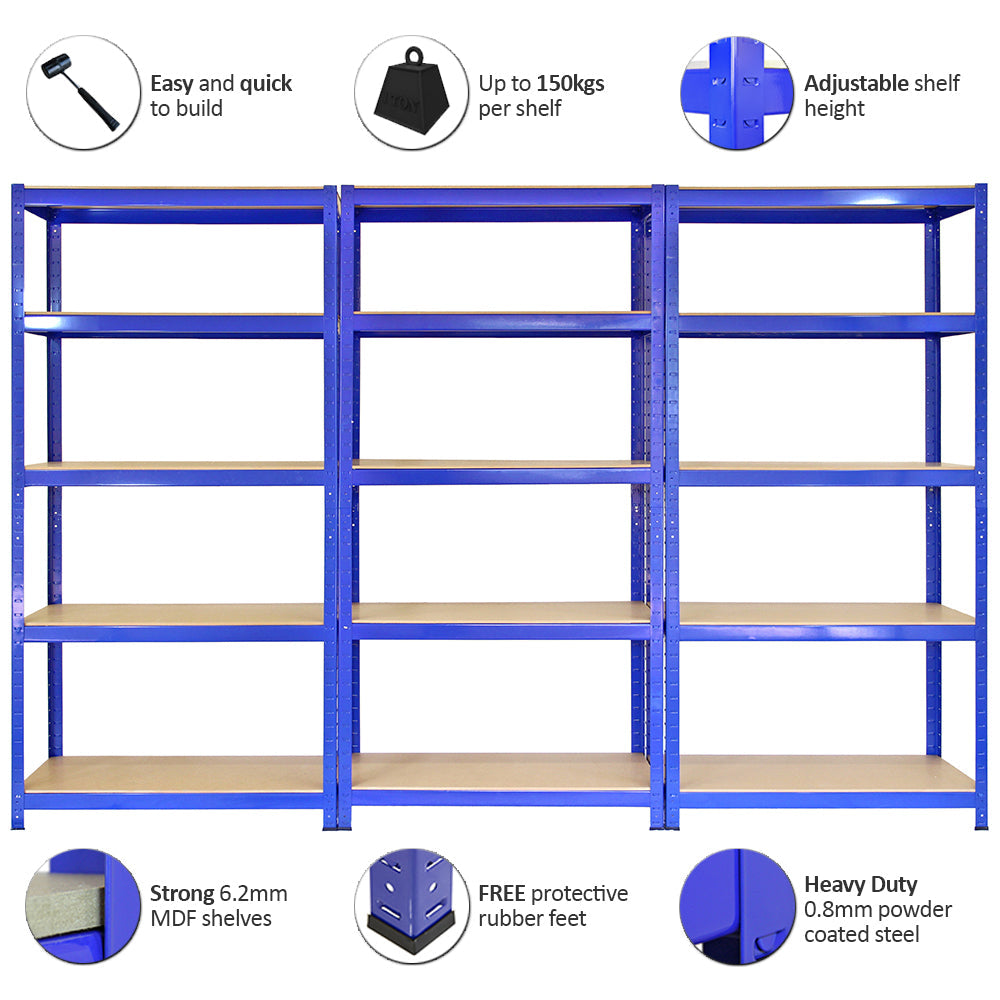 Scaffale in Acciaio Senza Bulloni T-Rax Blu Largo 75cm per Magazzino e Garage