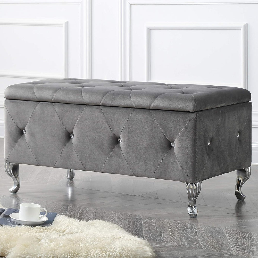 Cassapanca Pouf Contenitore Panca Moderna 96x46 H 43cm con Cristalli Grigio