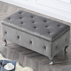 Cassapanca Pouf Contenitore Panca Moderna 96x46 H 43cm con Cristalli Grigio