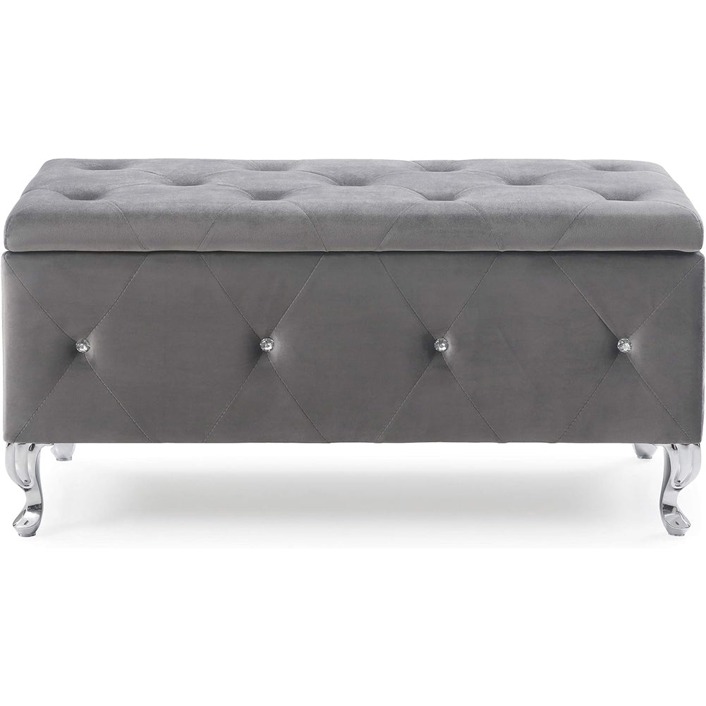 Cassapanca Pouf Contenitore Panca Moderna 96x46 H 43cm con Cristalli Grigio