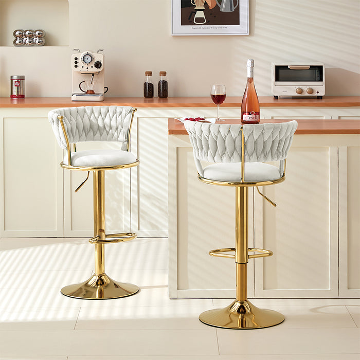 Coppia Sgabelli da Cucina Bar Schienale Intrecciato Velluto e Struttura Oro Beige