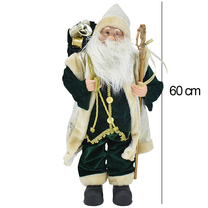 Statuina Babbo Natale Verde Statuetta 60cm Vestiti in Tessuto Addobbo Natalizio