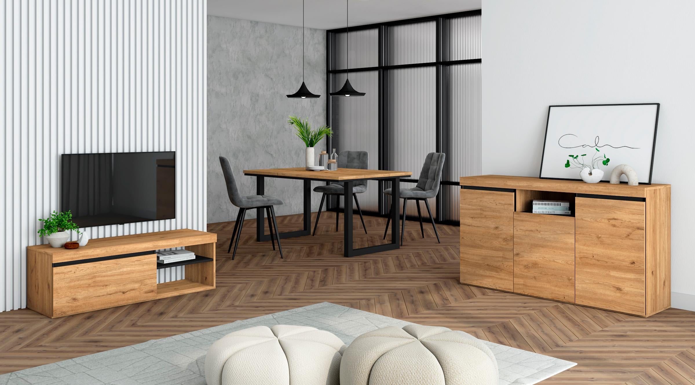 Set di mobili, Tavolo 140 piedi U 6 commensali, Mobile TV 120, Madia / Credenza 140, colore Rovere e Nero, Industriale RF1248