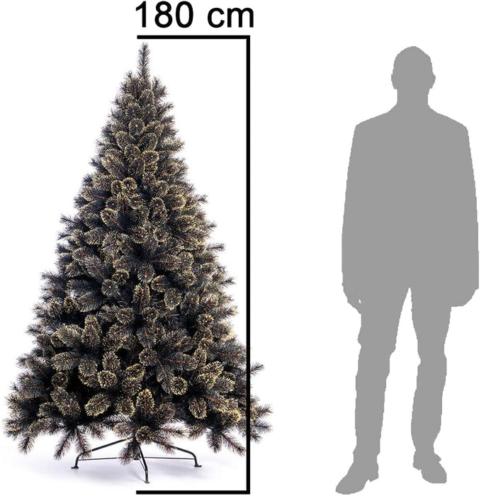 Albero di Natale Luxury 180cm 654 Punte Nero e Oro Base a Croce Design Premium