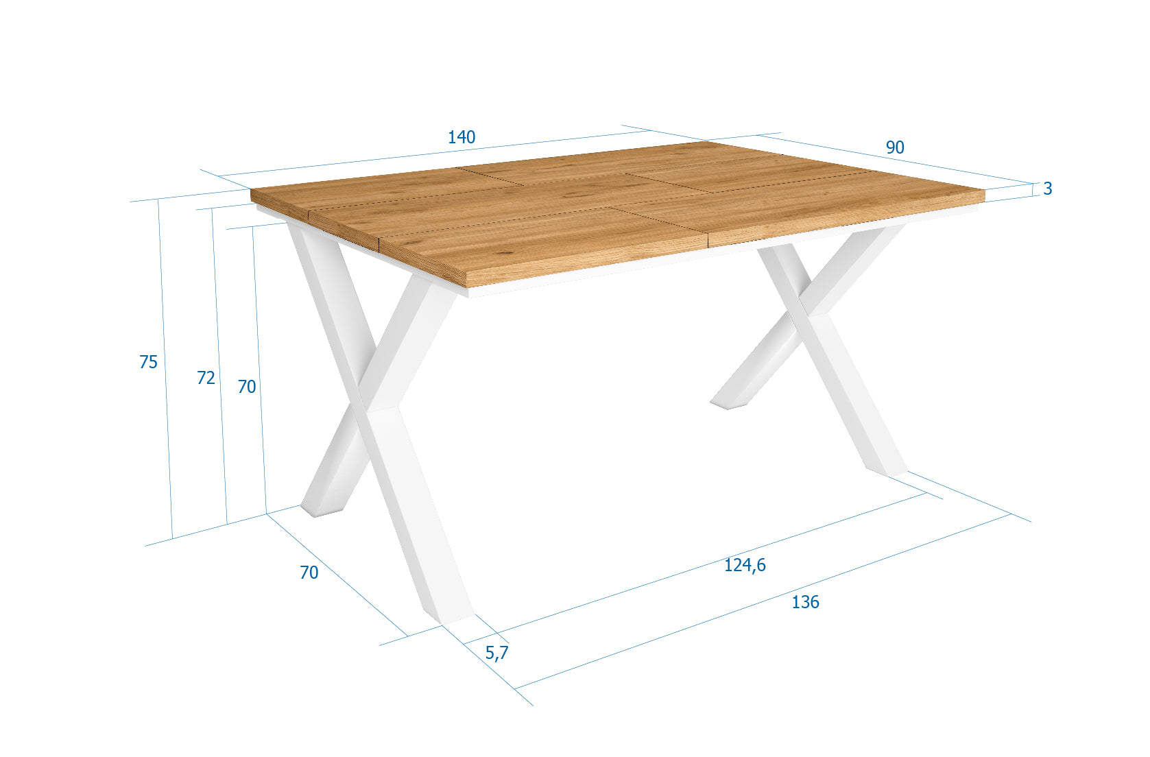 Tavolo da pranzo 6 posti 140x90 cm con gambe in legno a X stile moderno colore Rovere e gambe bianche