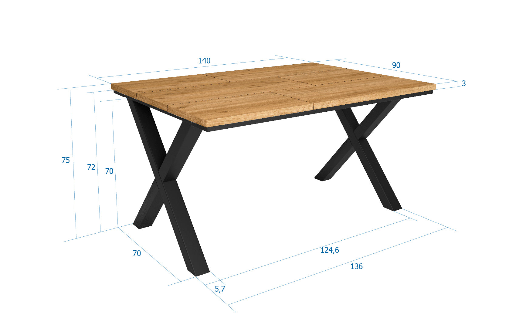 Tavolo da pranzo 6 posti 140x90 cm con gambe in legno a X stile moderno colore Rovere e gambe nere