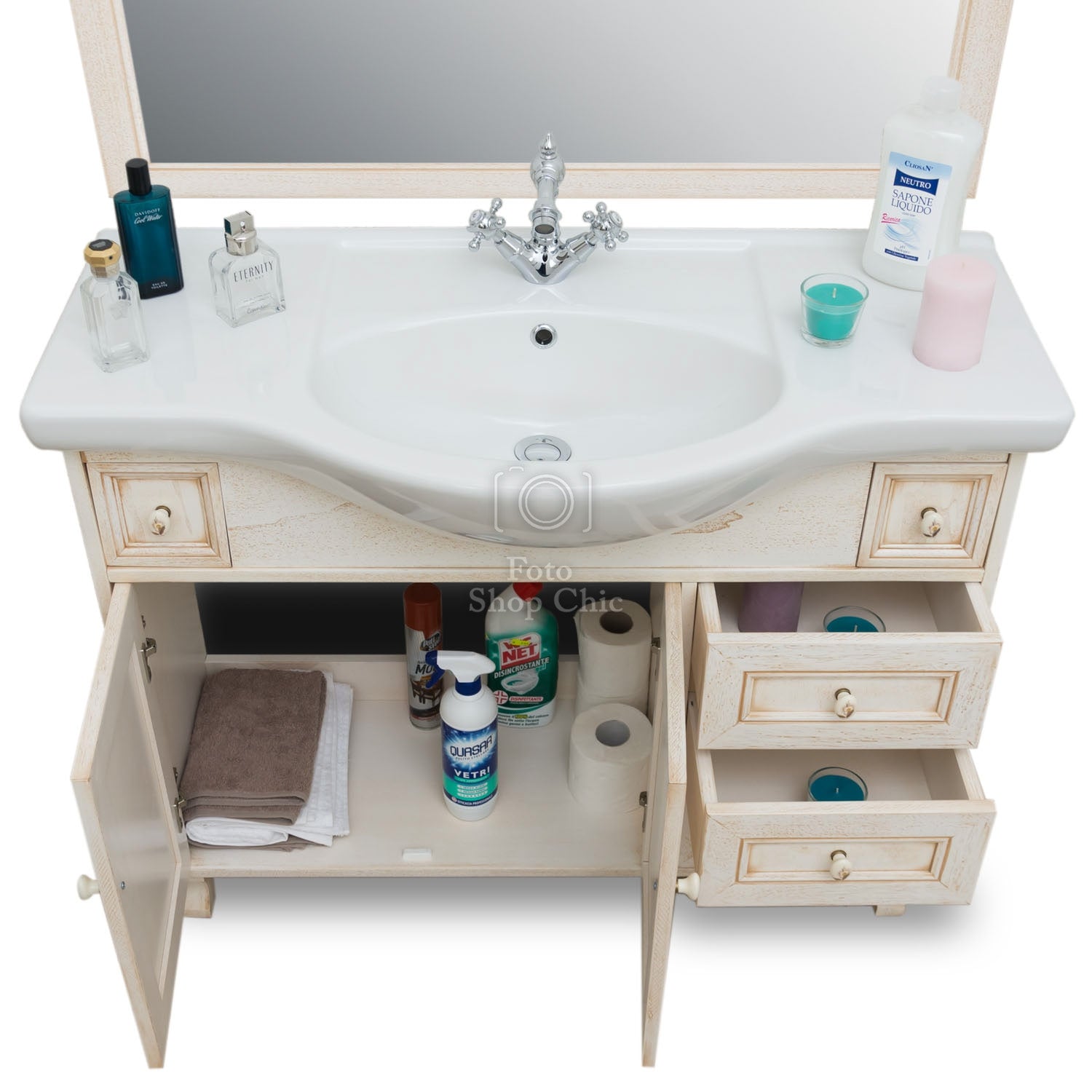 Mobile bagno avorio decape' - 105 cm, Specchio e pensile