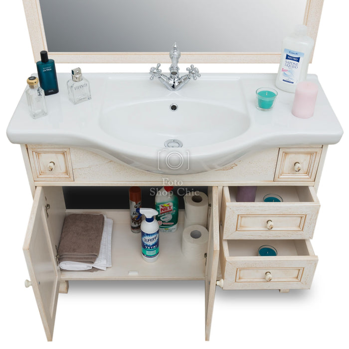 Mobile bagno avorio decape' - 105 cm, Specchio e pensile