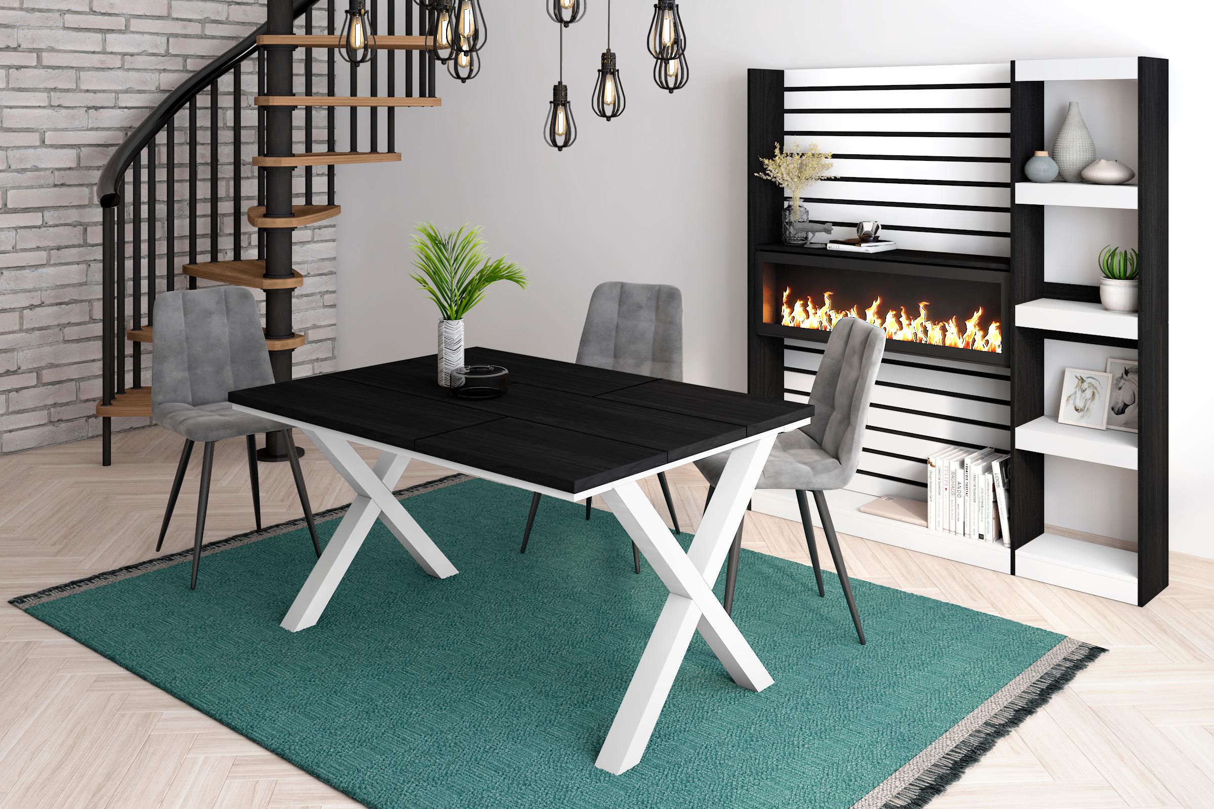 Tavolo da pranzo 6 posti 140x90 cm con gambe in legno stile moderno colore Nero e Bianco