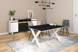 Tavolo da pranzo 6 posti 140x90 cm con gambe in legno stile moderno colore Nero e Bianco