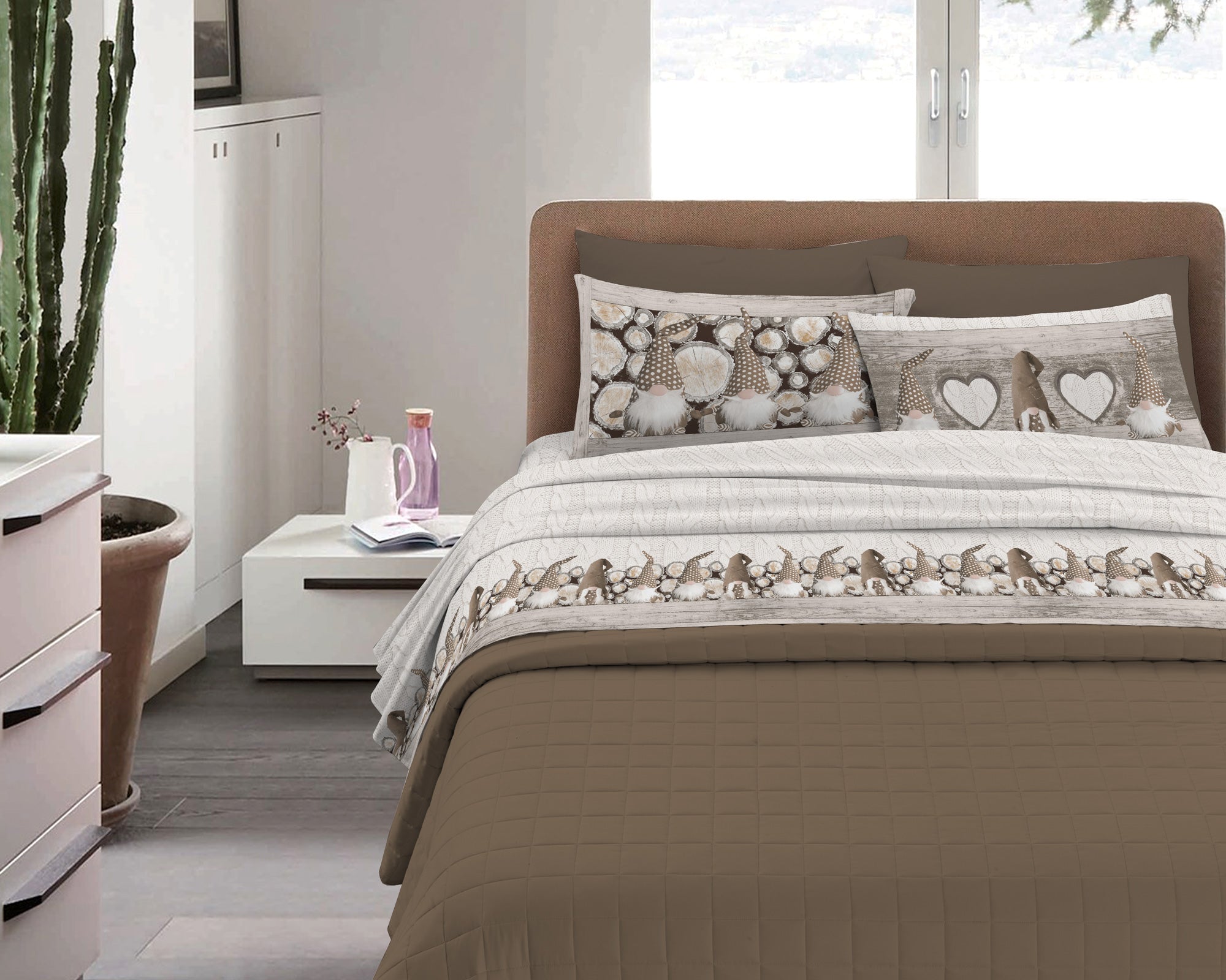 Completo Letto in Flanella Calda e Morbida Anti Pilling - Set Flanellato 3 Misure parure con Federe - Gnomi beige - 1 Piazza