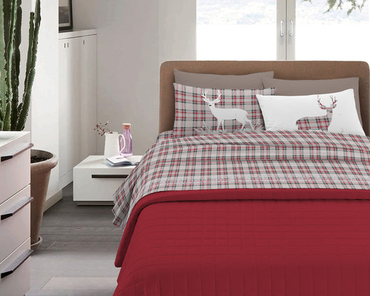 Completo Letto in Flanella Calda e Morbida Anti Pilling - Set Flanellato 3 Misure parure con Federe - Tartan rosso - 1 Piazza