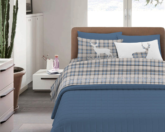 Completo Letto in Flanella Calda e Morbida Anti Pilling - Set Flanellato 3 Misure parure con Federe - Tartan azzurro - 1 Piazza e mezza