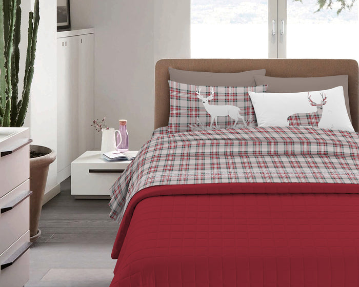 Completo Letto in Flanella Calda e Morbida Anti Pilling - Set Flanellato 3 Misure parure con Federe - Tartan rosso - 2 Piazze