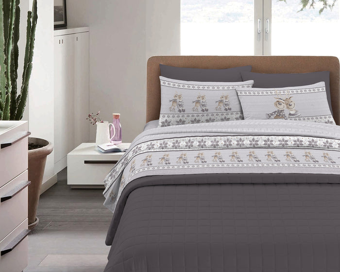 Completo Letto in Flanella Calda e Morbida Anti Pilling - Set Flanellato 3 Misure parure con Federe - Renne grigio - 1 Piazza e mezza