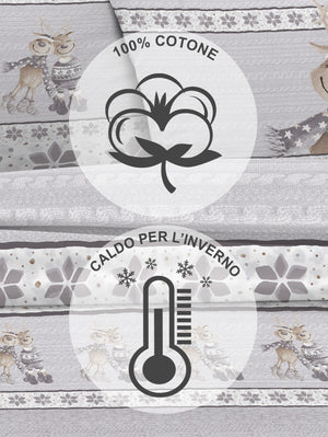 Completo Letto in Flanella Calda e Morbida Anti Pilling - Set Flanellato 3 Misure parure con Federe - Renne grigio - 1 Piazza e mezza