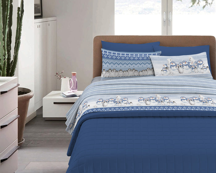 Completo Letto in Flanella Calda e Morbida Anti Pilling - Set Flanellato 3 Misure parure con Federe - Polare blu - 1 Piazza e mezza