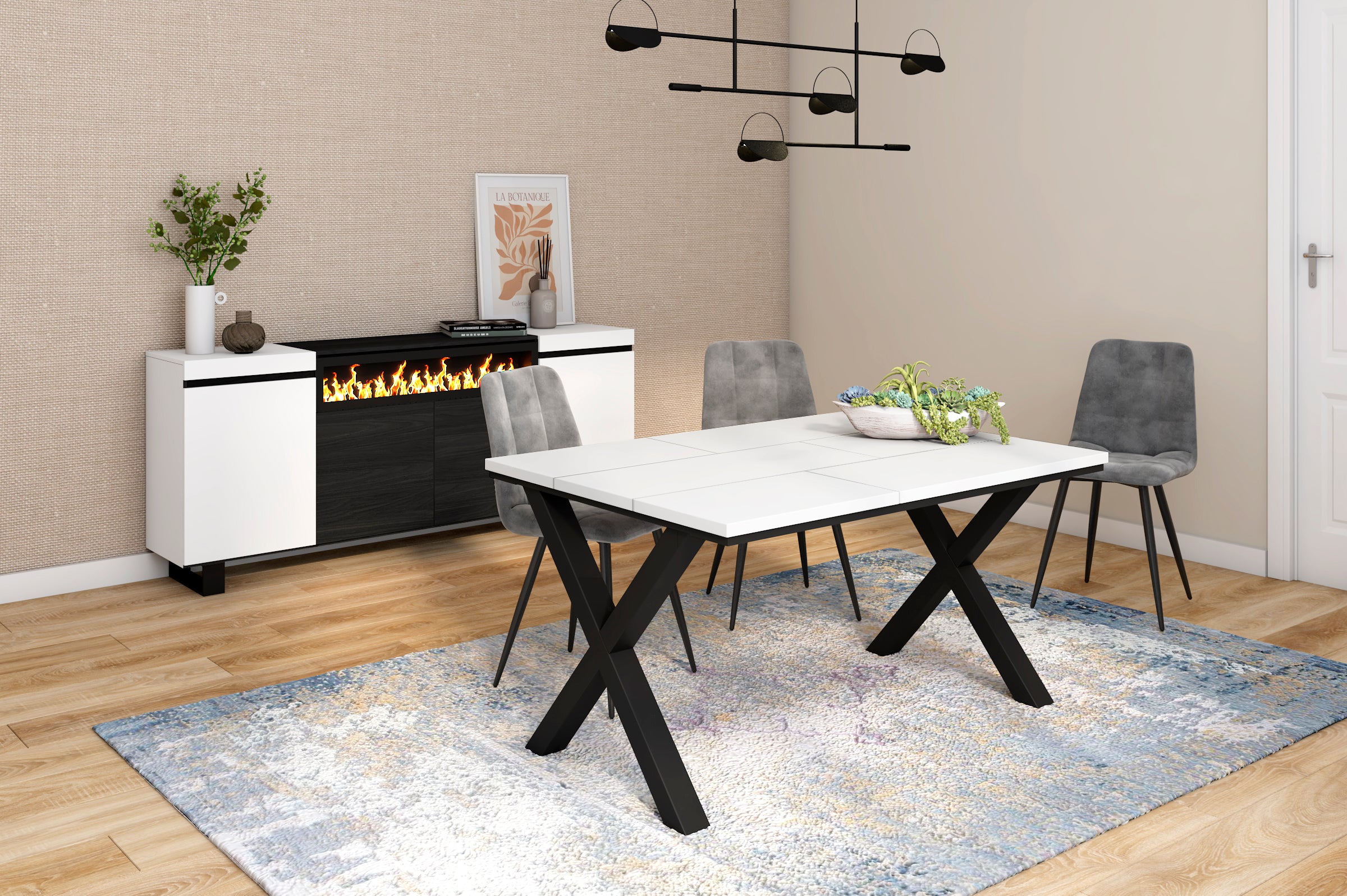 Tavolo da pranzo 6 posti 140x90 cm con gambe in legno stile moderno colore Bianco e Nero