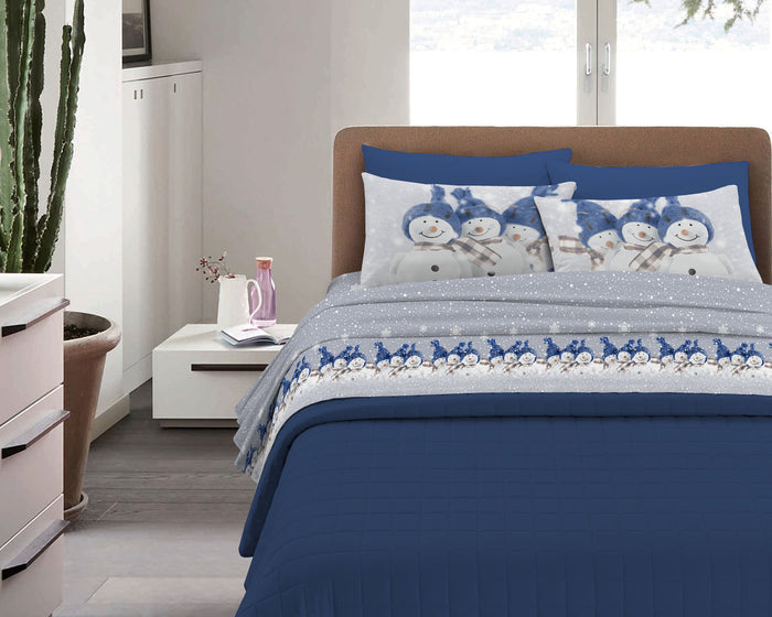 Completo Letto in Flanella Calda e Morbida Anti Pilling - Set Flanellato 3 Misure parure con Federe - SnowMan Blu - 1 Piazza