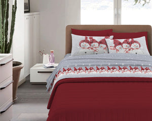 Completo Letto in Flanella Calda e Morbida Anti Pilling - Set Flanellato 3 Misure parure con Federe - SnowMan Rosso - 1 Piazza e mezza