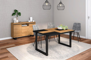 Set di mobili, Tavolo 140 Bicolore piedi U 6 commensali, Madia / Credenza 140 Tall, colore Rovere e Nero, Industriale RF1286