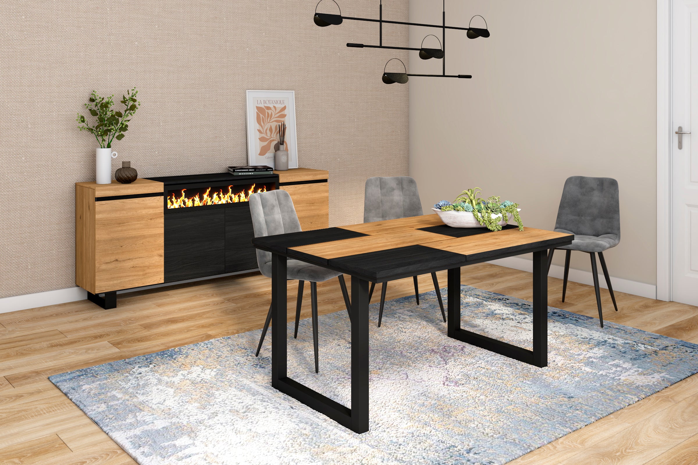 Tavolo da pranzo 6 posti 140x90 cm con gambe in legno design moderno colore Nero e Rovere