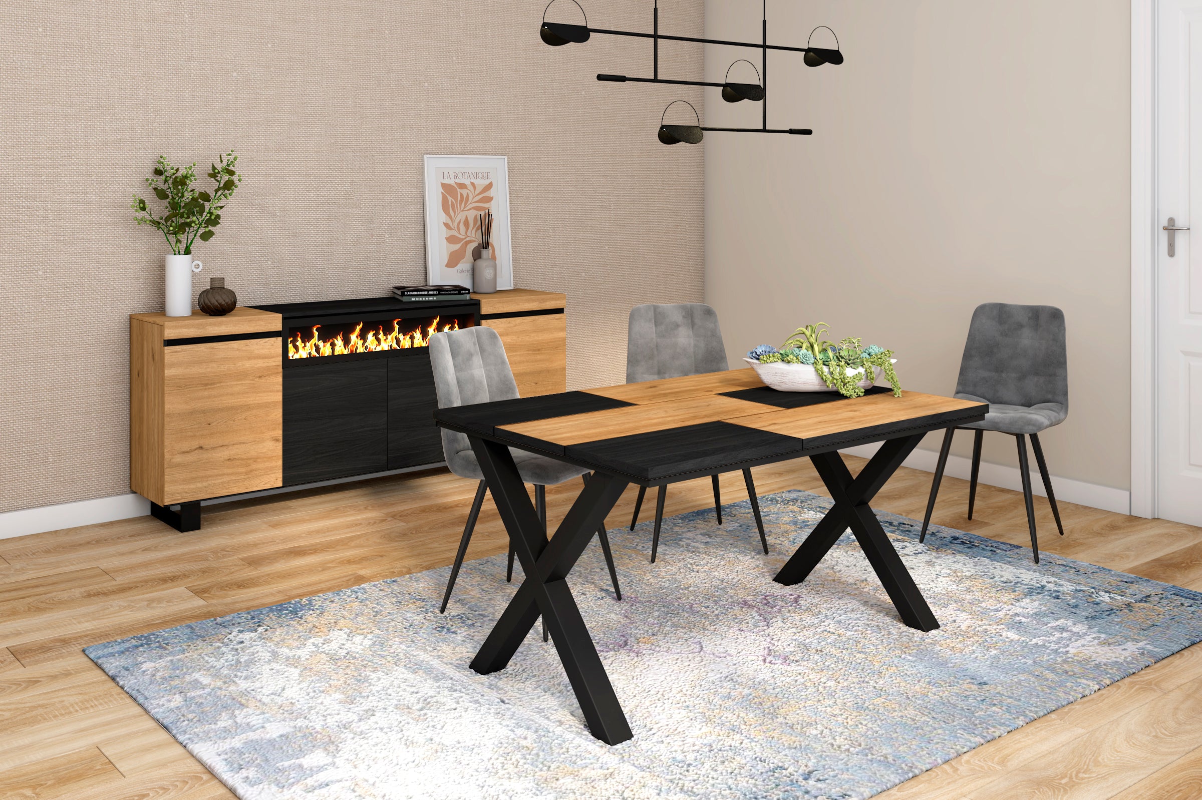 Tavolo da pranzo 6 posti 140x90 cm con gambe in legno stile moderno colore Nero e Rovere