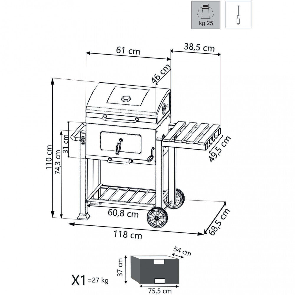 Barbecue a carbonella con coperchio in Acciaio cm 115x67x107,5 - HOMER