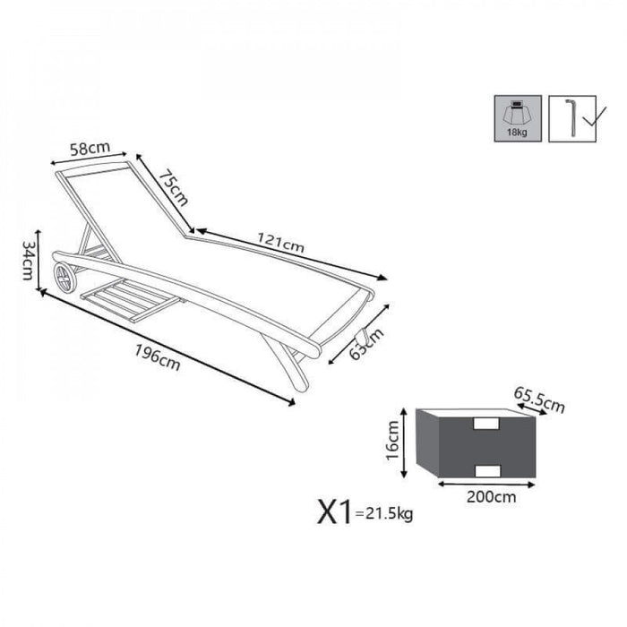 Lettino prendisole Legno con ruote in Legno,Textilene,Acacia cm 196x63x38 - MYRON