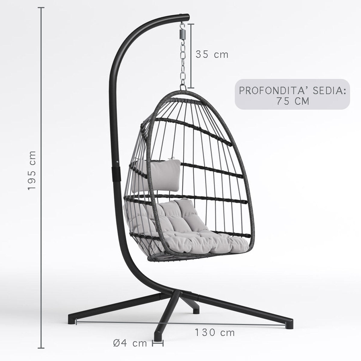 Sedia a Dondolo  Completa di Struttura in Acciaio e Cuscini Sfoderabili Ovetto Modello Annette Richiudibile Poltrona Pensile Sospesa in Rattan