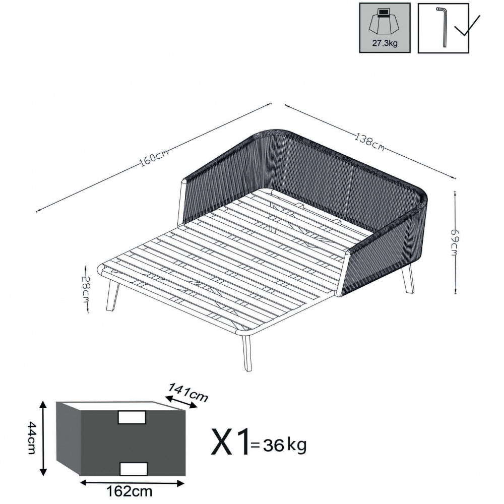 Divano Letto da Giardino con cuscini in Alluminio,Corda cm 160x139x70 - RANULPH