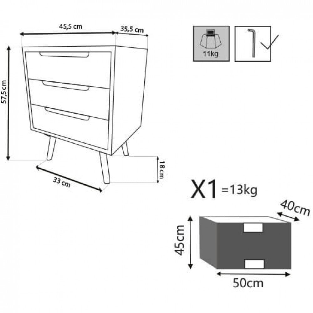 Mobiletto 3 cassetti in Legno cm 45,5x35,5x40 - TYRRELL