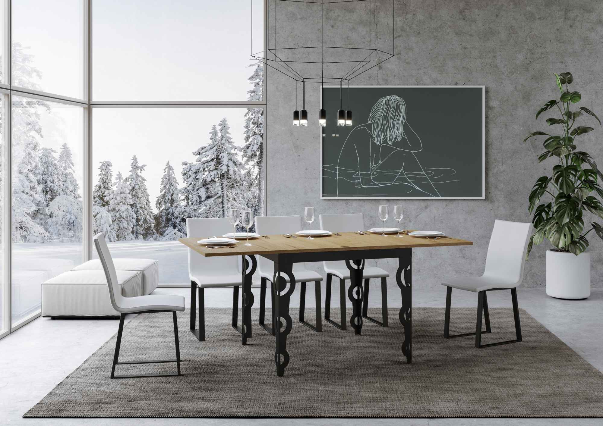 Tavolo da Pranzo Karamay Libra 90x90 Allungato 90x180 cm in Nobilitato e Ferro Colore: Quercia Naurale