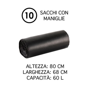 100 Sacchi Spazzatura SuperResistenti Con Maniglie Colore Nero Sacchetti Immondizia Condominiali Raccolta Differenziata Disponibili 30-60-110 Litri Antigoccia Antistrappo Impermeabili  - Nero - 68x80