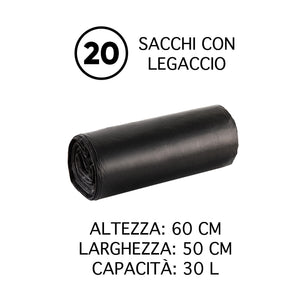 100 Sacchi Spazzatura SuperResistenti Con Legacci Colore Nero Sacchetti Immondizia Condominiali Raccolta Differenziata Disponibili 30-60-110 Litri Antigoccia Antistrappo Impermeabili  - Nero - 50x60