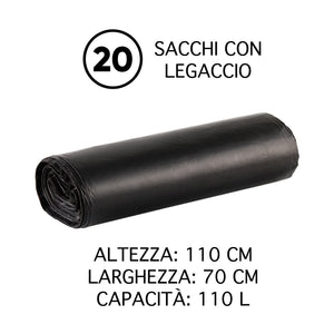 100 Sacchi Spazzatura SuperResistenti Con Legacci Colore Nero Sacchetti Immondizia Condominiali Raccolta Differenziata Disponibili 30-60-110 Litri Antigoccia Antistrappo Impermeabili  - Nero - 70x110