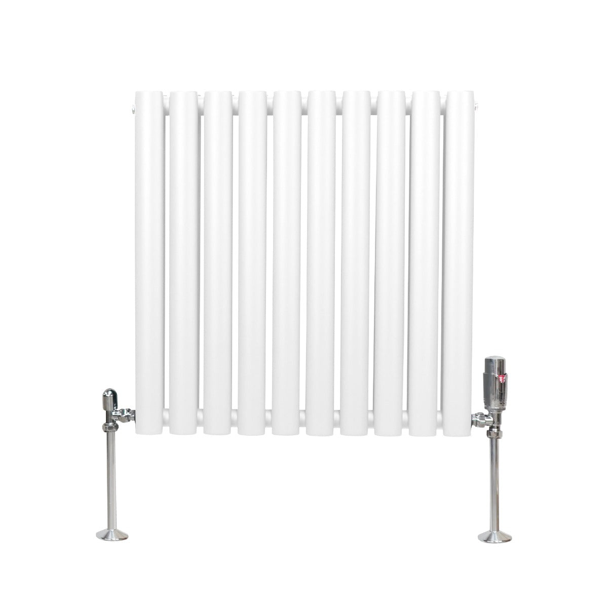 Radiatore a colonna ovale e valvole cromate TRV Designer bianco 600 mm x 600 mm