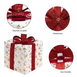 Set 3 Pacchetti Pacchi Regalo Luminosi Natale Fiocco Rosso e Luce Bianco Caldo